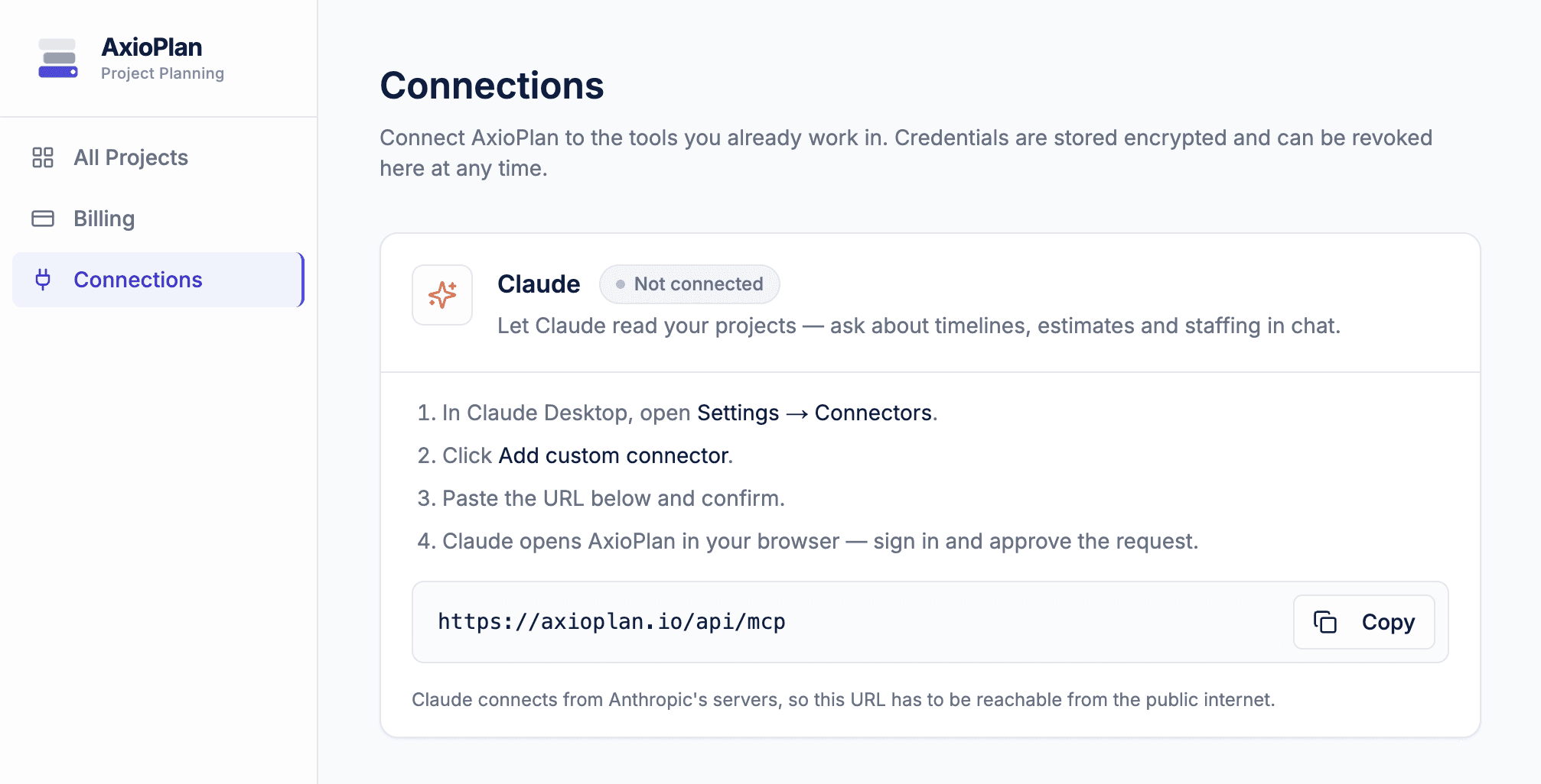 AxioPlan Connections page showing the Claude card with setup steps and the connector URL with a Copy button