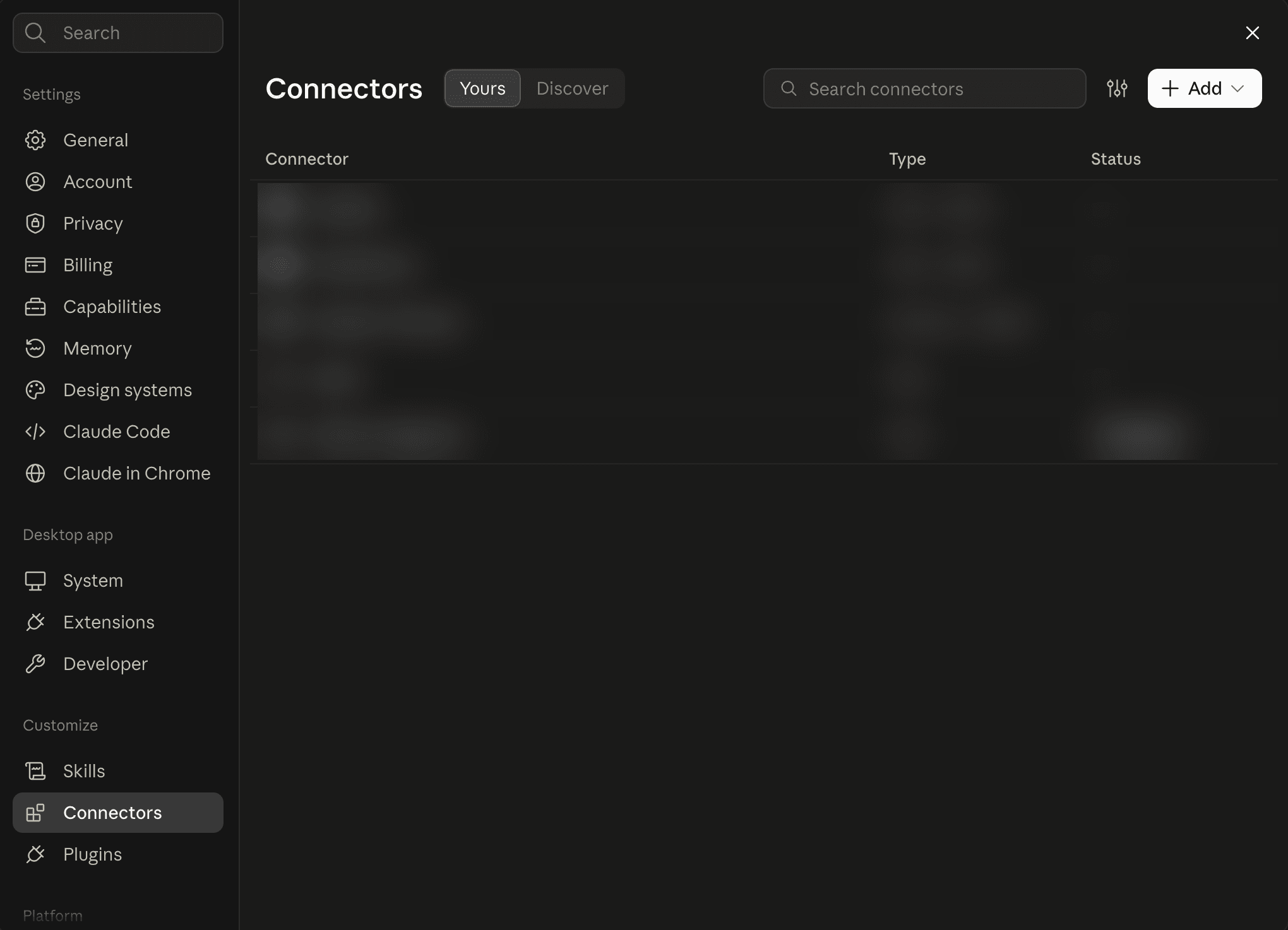 Claude Settings on the Connectors section, with the Add custom connector button