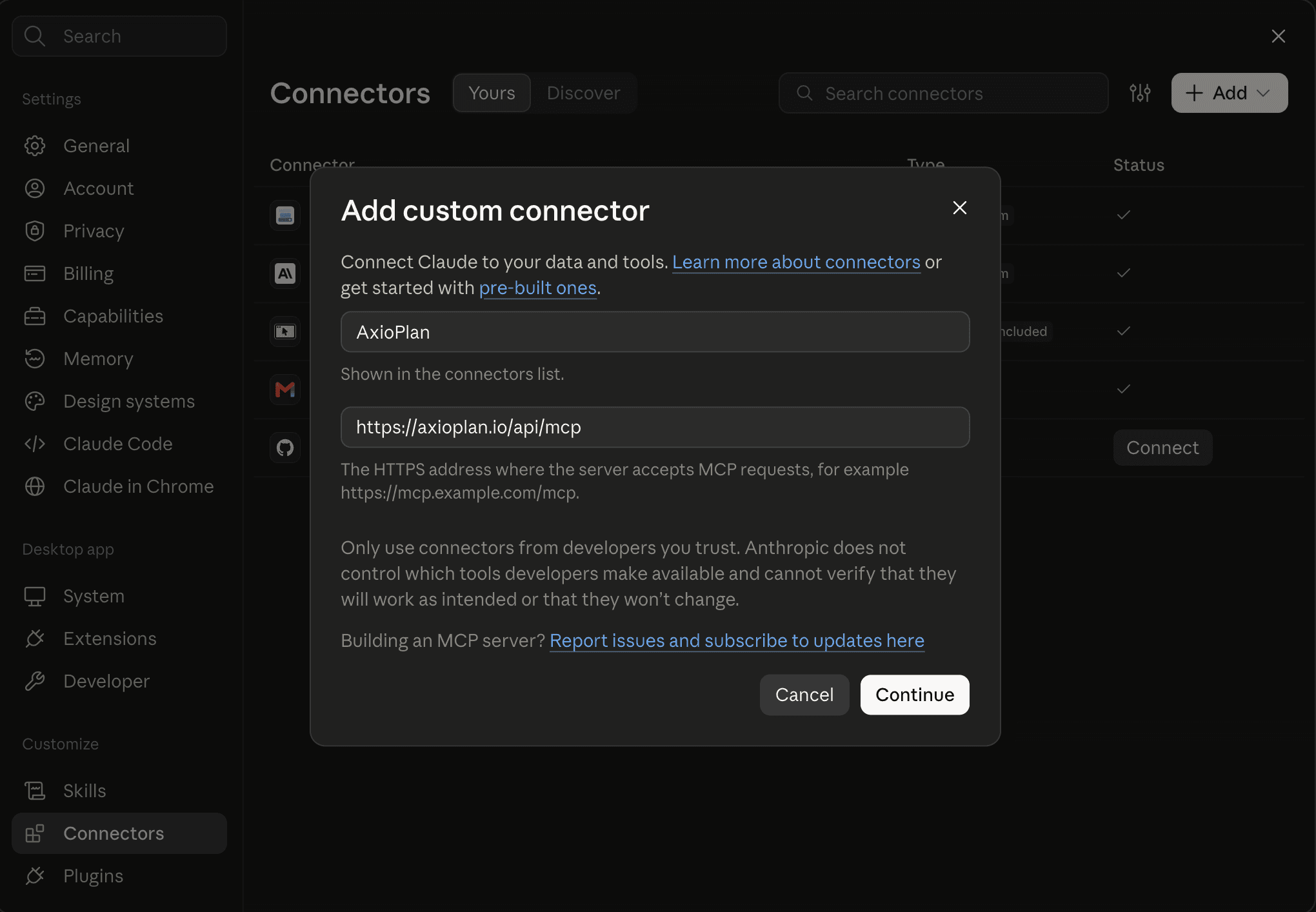 Claude's Add custom connector dialog with the name AxioPlan and the connector URL filled in