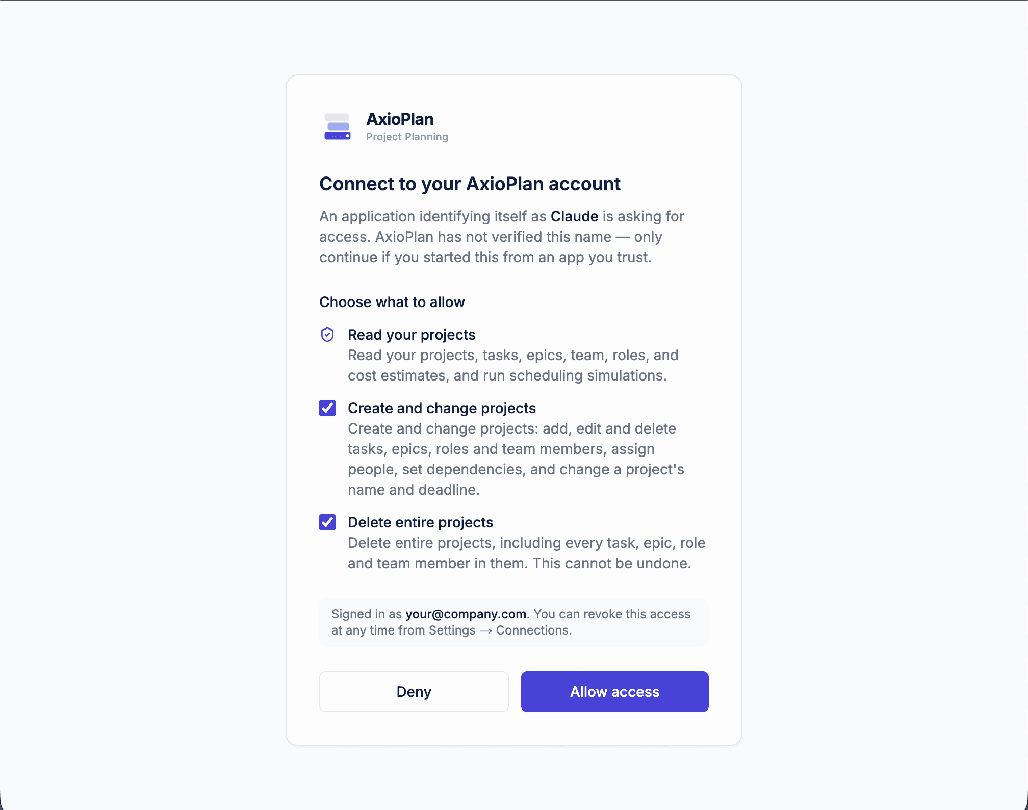 AxioPlan approval screen asking to connect to your account, with checkboxes for reading, changing and deleting projects and Allow access and Deny buttons