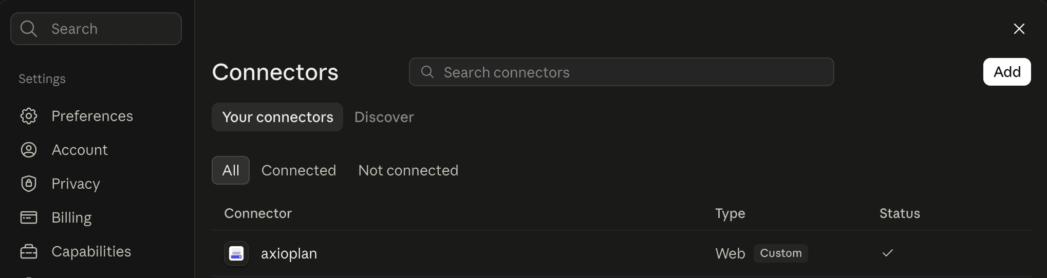 Claude Connectors settings showing AxioPlan connected, with its list of tools and their permission settings
