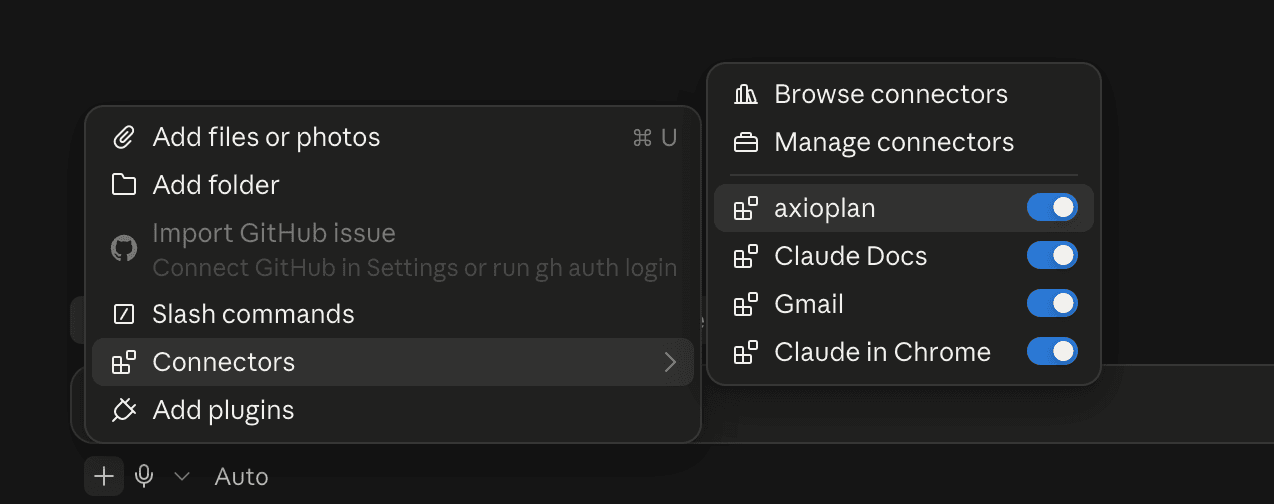 Claude chat composer with the + menu open and the AxioPlan connector switched on