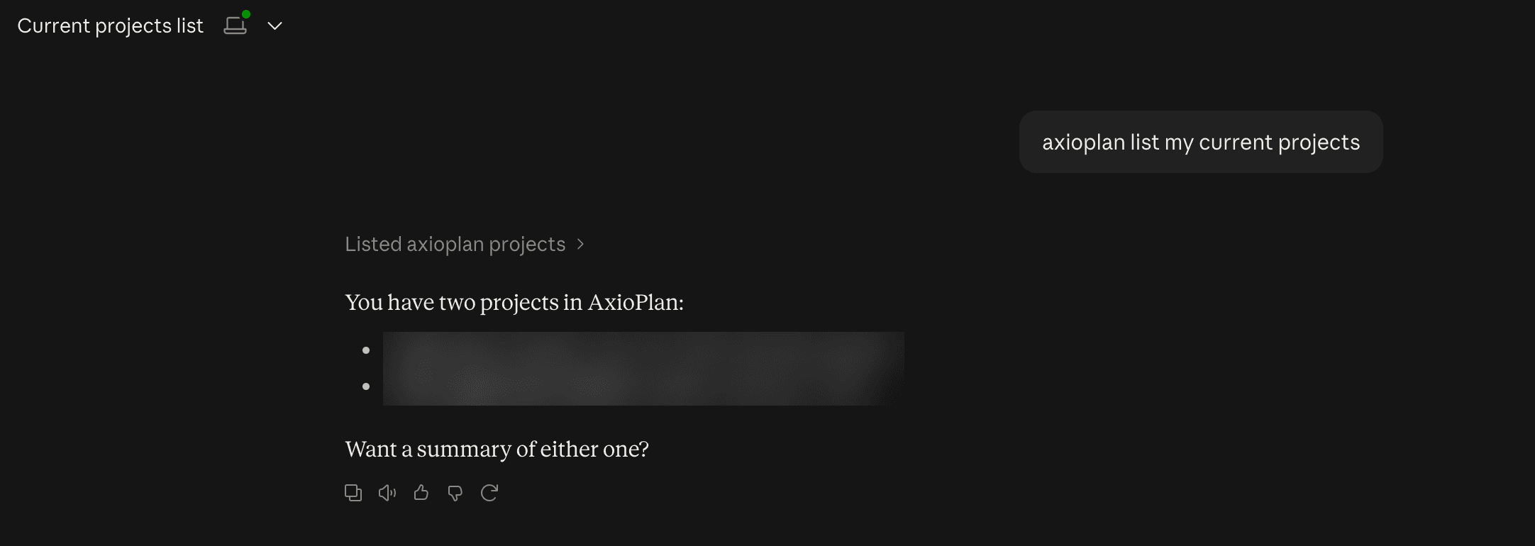 Claude conversation where Claude lists the user's AxioPlan projects and answers a question about one project's P85 estimate