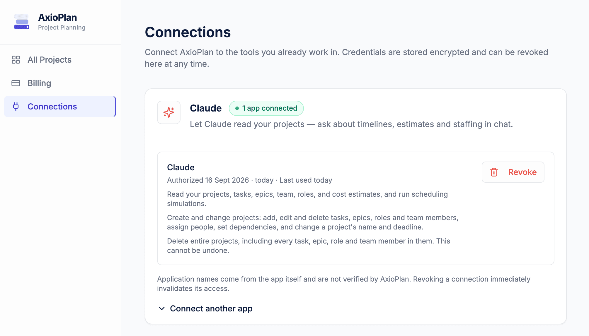 AxioPlan Connections page with the Claude card listing an authorized application, its permissions, and a Revoke button