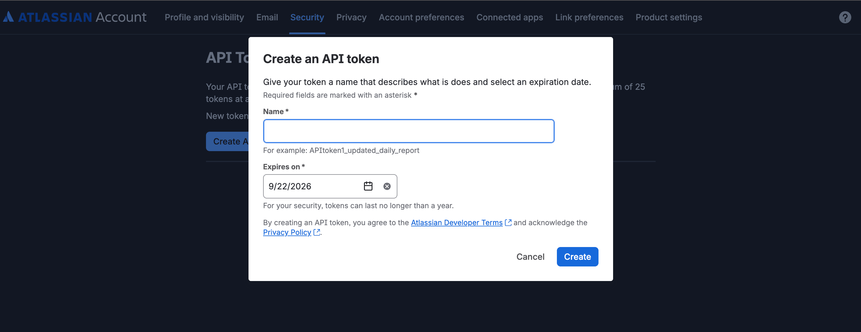 Atlassian account security settings with the Create API token dialog open