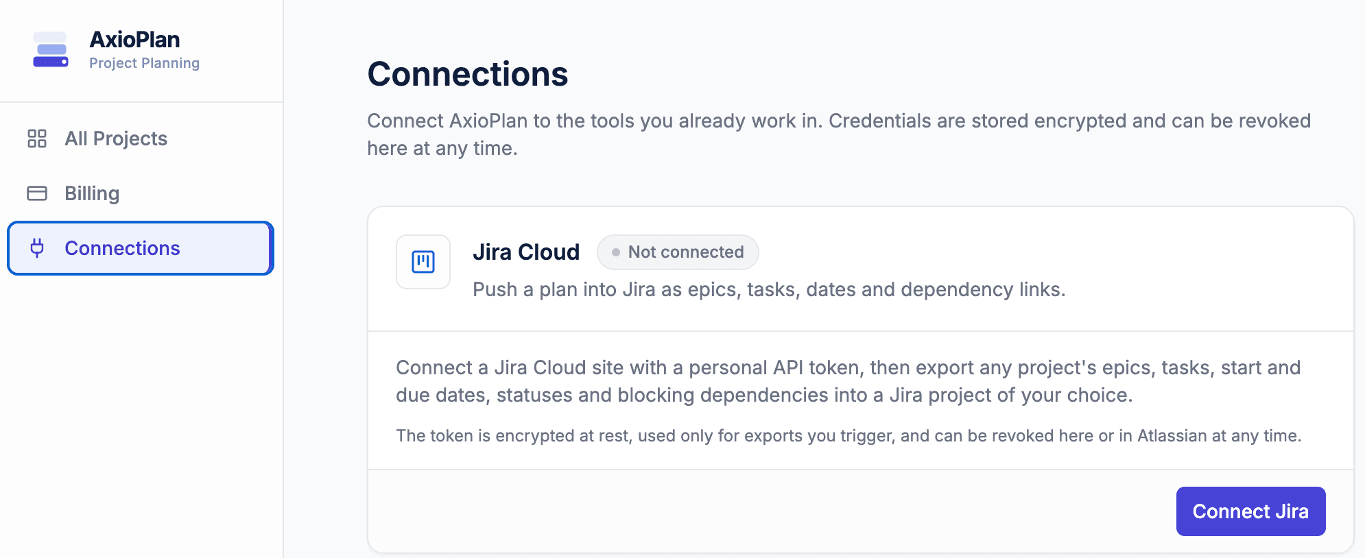 AxioPlan Connections page showing the Jira Cloud card marked Not connected with a Connect Jira button