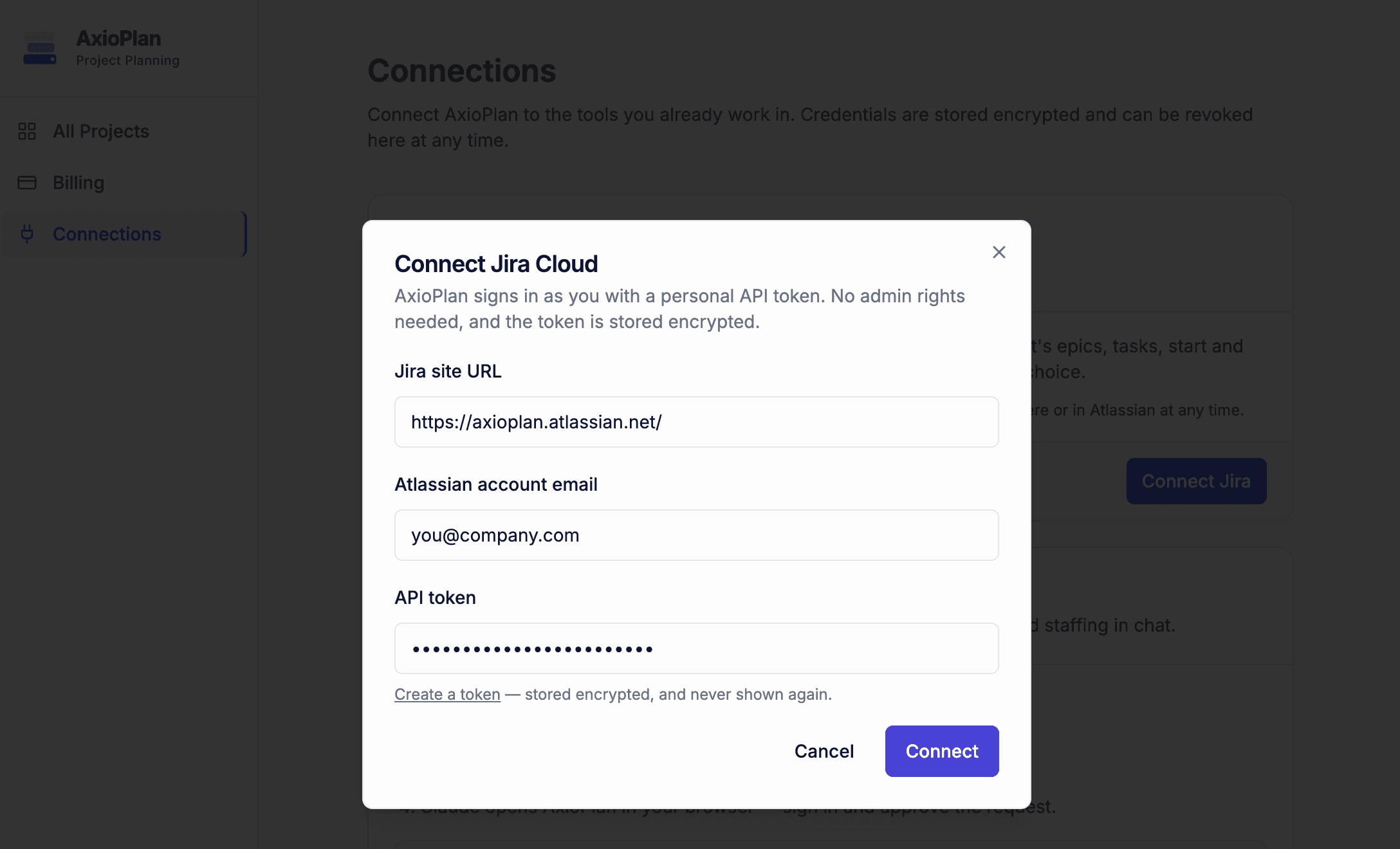 Connect Jira Cloud dialog with fields for Jira site URL, Atlassian account email and API token