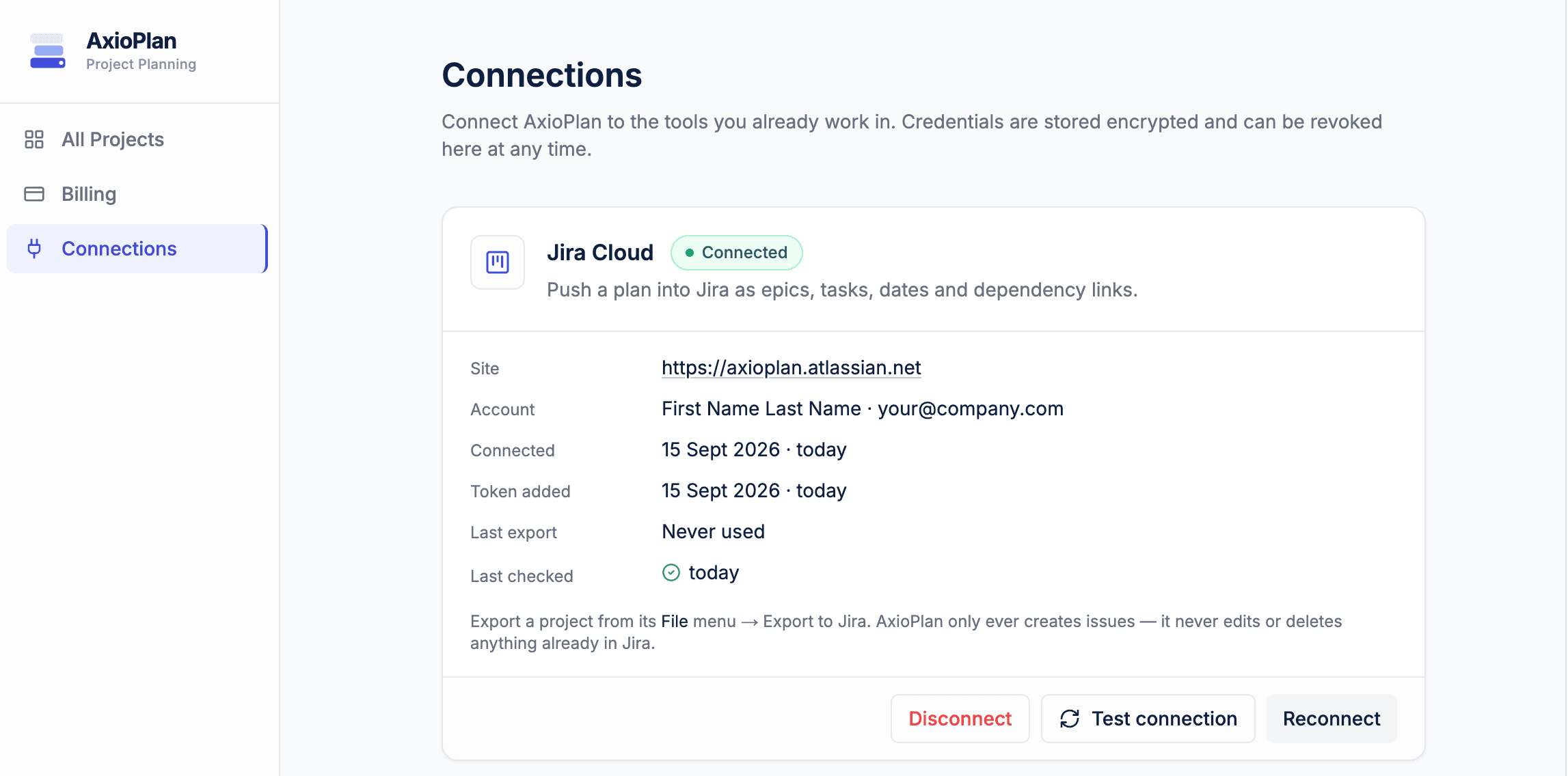 Jira Cloud card marked Connected, listing the site, account, connection date and last check