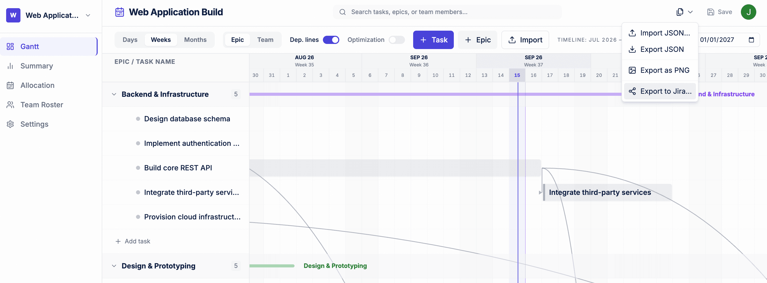 AxioPlan project view with the file menu open and Export to Jira highlighted