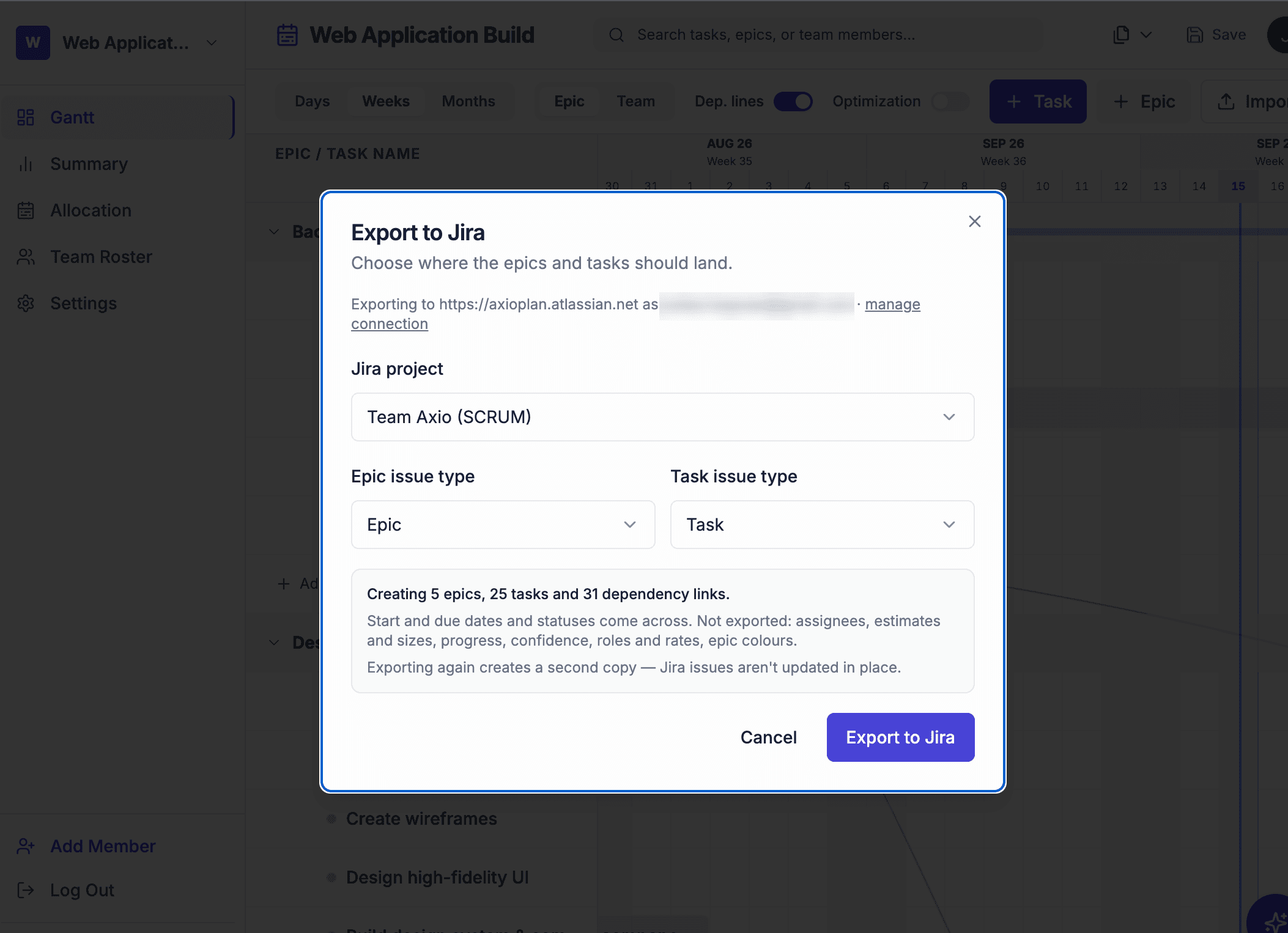 Export to Jira dialog with Jira project, epic issue type and task issue type selected, and a summary of what will be created