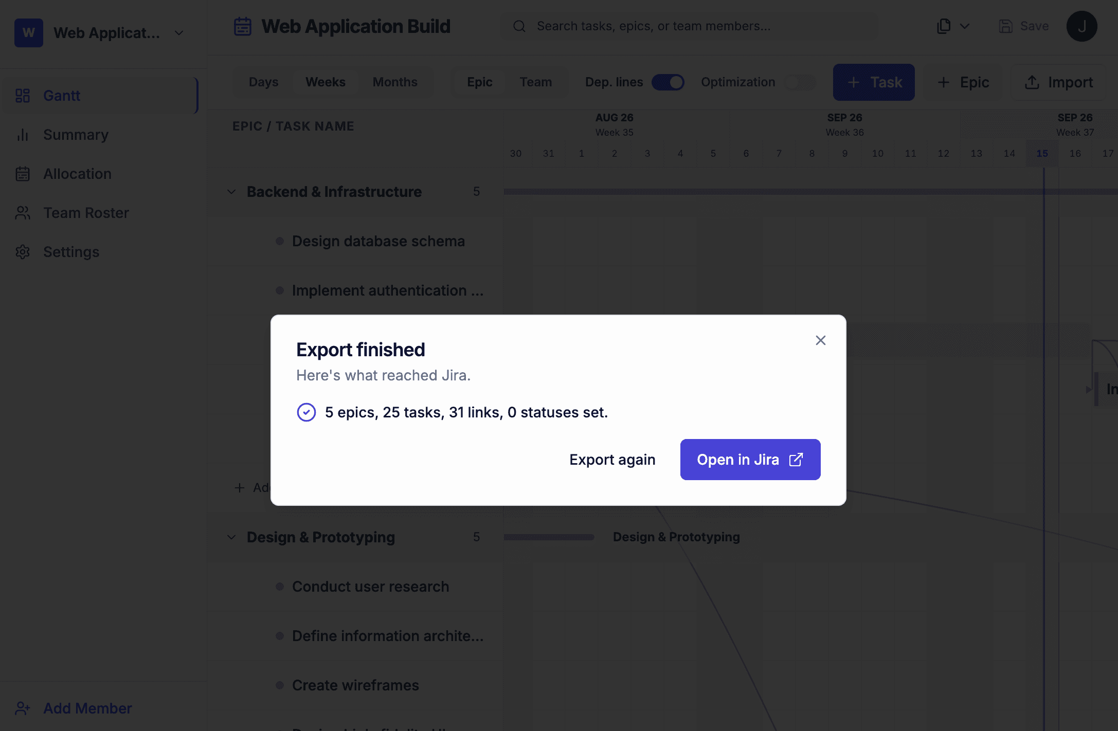 Export finished dialog reporting the number of epics, tasks, links and statuses created in Jira