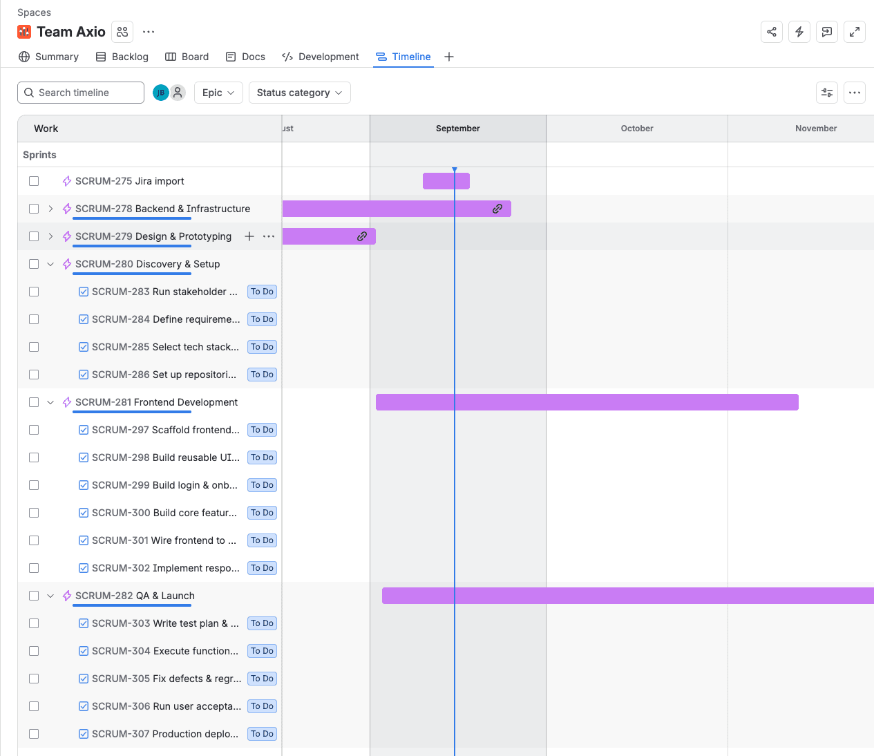Jira project timeline showing the imported epic with its child tasks and their dates